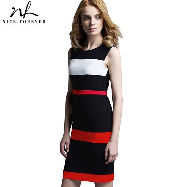 Nice-forever Summer Chic Contraste Color Patchwork Oficina Vestidos Business Bodycon Equipado Vestido de mujer btyB275 210419