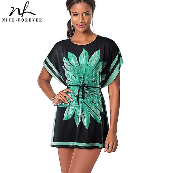 Nice-forever Summer Green Flower Printed Casual Dress Bohemian Beach Shift Loose Women Dress 013 210419