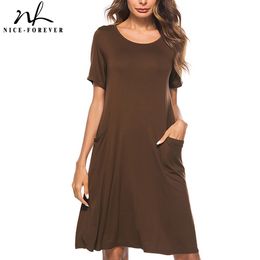 Nice-forever zomer pure kleur met pocket jurken casual rechte losse shift vrouwen jurk T027 210419