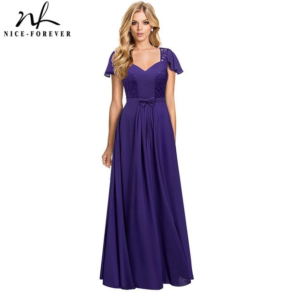 Nice-Forever été femmes élégante dentelle florale violet robe célébrité fête Maxi longue robe évasée A024 210419