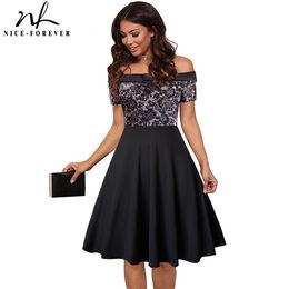 Nice-forever Summer Women Fashion Floral Lace Patchwork Retro Robes Cocktail A-Line Flare Swing Dress btyA051 210419