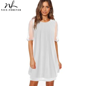 Nice-Forever Summer Women Pure Color See Through Mouw Chiffon Jurken Oversized Shift Casual Jurk BTY334 210419