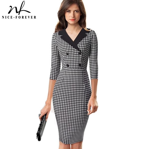 Nice-forever Vintage Houndstooth Patchwork Office Work vestidos con botón Business Party Women Bodycon Dress 210223