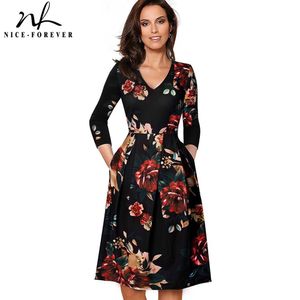 Nice-forever Vintage Solide Couleur V décolleté Pinup Poches robes A-Line Business Party Femme Flare Swing Femmes Robe A126 210419