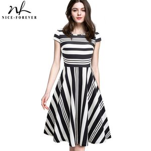 Nice-forever Vintage Stripe Print Casual Summer vestidos Business Party A-Line Swing Flare Femmes Robe btyA153 210419