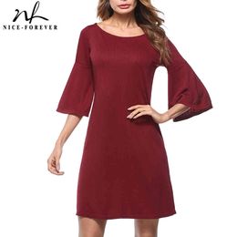 Nice-forever Mujer Causal Color sólido con manga acampanada Vestidos Sueltos Rectos Shift Vestido femenino T017 210419