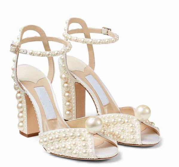 Belles sandales Sacora parfaites avec perles blanches, escarpins de mariage de styliste à talons hauts pour femmes, marque de luxe, robe de soirée 66