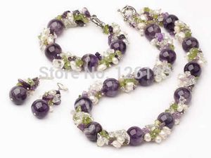 Joli collier assorti de perles de péridot en cristal violet, bracelet boucles d'oreilles ensemble bijoux pour femmes H1022