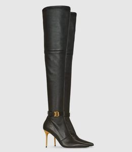 Nice Top Luxury Winter Bal Main Raven Raven Femmes Grands Bottes pointues Point Talons hauts B Gold-Tone High Talons Over-the-Knee Boot Party Robe Fashion Walking EU35-43