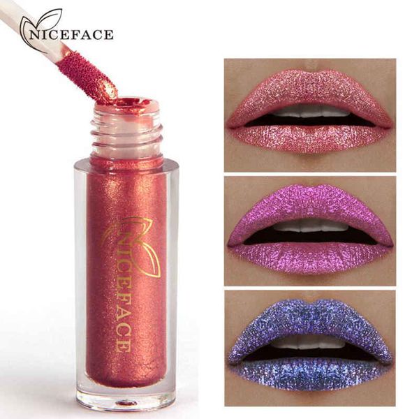 NICEFACE 6 Couleur Diamant Brillant Métallique Rouge À Lèvres Liquide Étanche 24H Durable Brillant À Lèvres Peinture Tatouage Sexy Nude Pigment DHL 144 pcs / lot