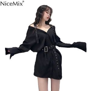 NiceMix New Women's Long Style Blouse Chemises Mode Black Buckle Off Slash Neck See Through Top Femmes Sexy Shirt T200322
