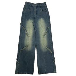 Niche Design Sense Raw Edge Couxage Jeans American Retro Wash pour faire un vieux pantalon droit nouveau pantalon de jambe large mince