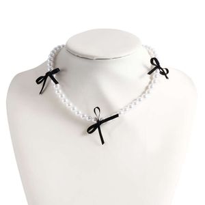 Niche Light Jewelry Imitation Pearl Sweet Cool Black Ribbon Bow Collarbone Chain Collier Décoration