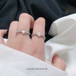 Niche Originele Ins Ornament S925 Liefdevol Hart in Sterling Zilver Smiley Bell Elastische Ring Persoonlijkheid Ball Ring Vrouw