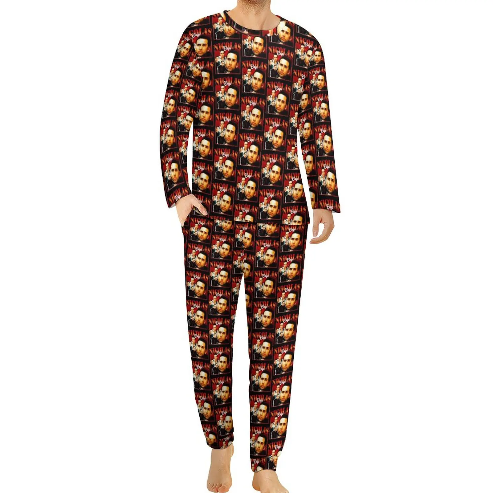 Nicolas Cage Pajamas Nick Cage Men Long Sleeve Soft Pajamas Set 2 Piece Night Winter Custom Sleepwear Gift Idea