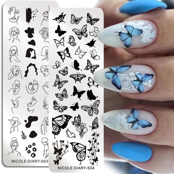 NICOLE DIARY papillon ongles estampage plaques abstrait personnes visage Image timbre modèles français ongles fleur lignes transfert pochoir