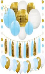 NICRO 38 PCSset Gold Blue Blanc Paper Lanterns Ballous Foil Tassel Garland Baby Shower Birthday Party Party Decoration Diy Set761268116
