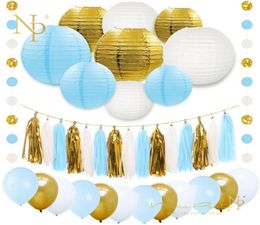 NICRO 38 PCSset Gold Blue Blanc Paper Lanterns Ballons Foil Tassel Garland Baby Shower Birthday Party Party Decoration Diy Set763154752