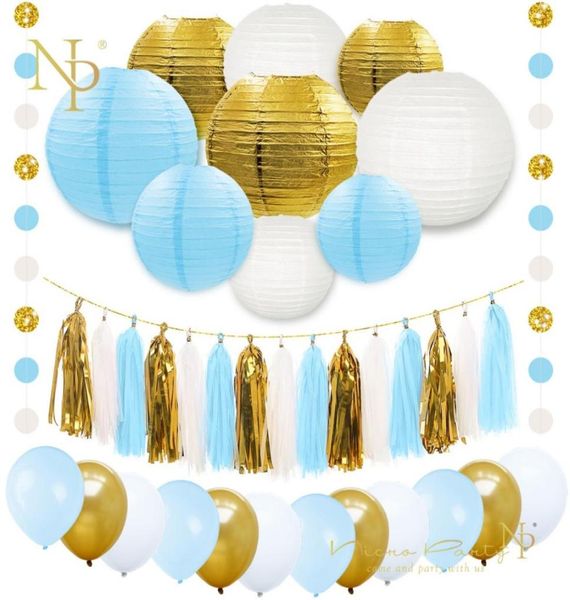 Nicro 38 piezas set Oro Azul Blanco Linternas de papel Globos Papel de aluminio Borla Guirnalda Baby Shower Fiesta de cumpleaños Decoración DIY Set763447933
