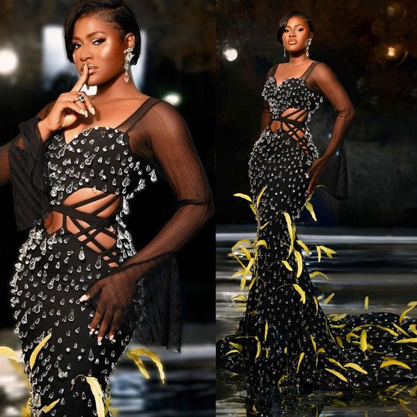 Nigeria Africain Noir Filles Sirène Robes De Bal Luxueux Plumes Cristaux Manches Longues Perlée Occasion Formelle Robes De Soirée Sexy Party Wear Aso Ebi Robes