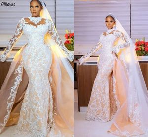 Nigeriaanse Afrikaanse Hoge Kraag Kant Zeemeermin Trouwjurken Met Afneembare Trein Champagne Geappliceerde Bruidsjurken Plus Size Dubai Arabisch vestidos de novia CL3194