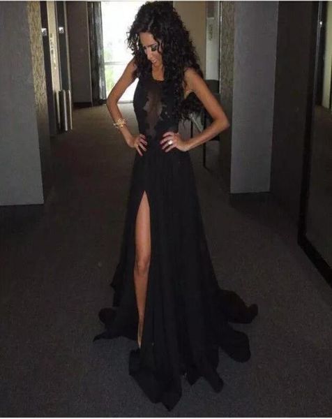 Nigeria Black A Line Prom Robes 2019 Sexy Side Slit Sheer Lace Bust Sweeples Sweep Long Night Party Robes Murffon Jirt3421350