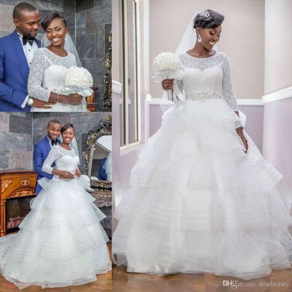 Vestidos de Nigeria Cuello Jewel mangas largas Vestidos de novia Faldas escalonadas Vestido de novia Boho Boho