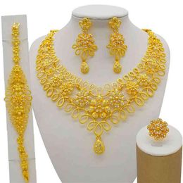 Nigeria Dubai 24K Goud Fijne Bloemen Sieraden Sets Afrikaanse Bruids Huwelijksgeschenken Party Voor Vrouwen Armband Ketting Oorbellen Ring Se 2240a