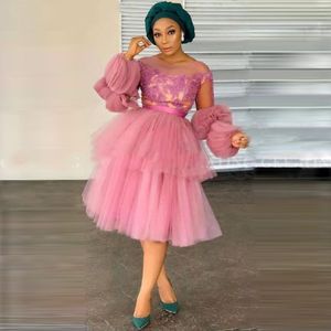 Nigeria roze tule ball jurk korte prom jurken lange mouwen knie lengte Afrikaanse formele avondjurken vrouwen plus size aso ebi 261t