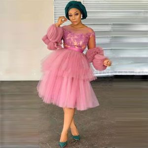 Nigeria Roze Tulle Baljurk Korte Prom Jurken Lange Mouwen Knielengte Afrikaanse Formele Avondjurken Vrouwen Plus Size aso Ebi284z