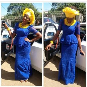 Nigeria Sexy Mermaid Kant Prom Jurken Fashion Royal Blue Peplum ASO EBI Styles Wed Gast Formal Wear Goedkope Avond Motherjurken