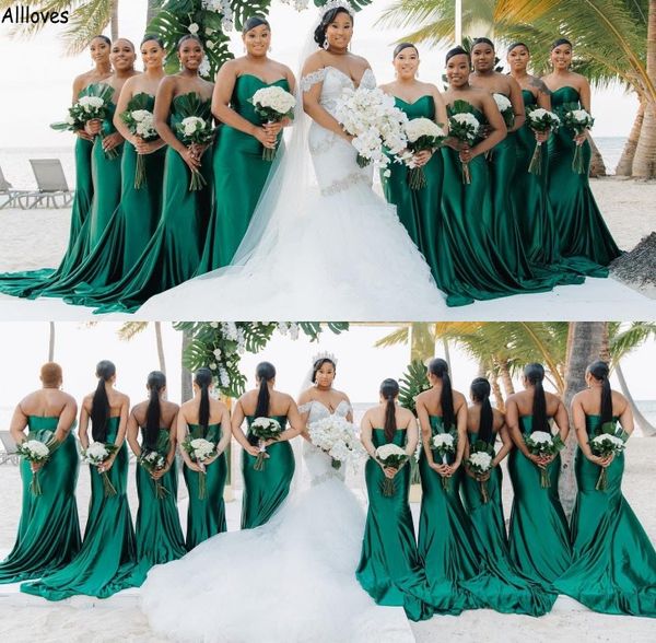 Nigeria South African Girls Silk Satin Long Sirène Brides Bridesmaid Robes For Wedding Green foncé Sexy Sweetlesheart Sweetheart Bouches d'honneur