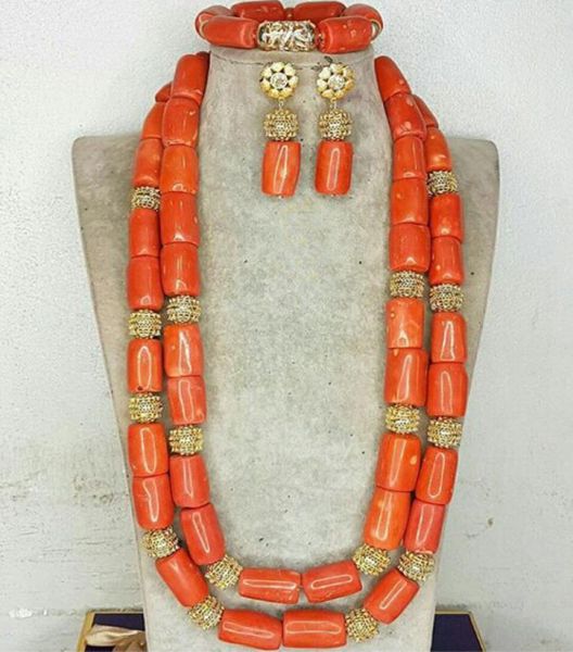 Joyería de boda nigeriana hecha a mano, cuentas africanas de Coral originales, conjunto de joyas de oro de Dubái, conjunto de joyería para mujer, fiesta de Coral ABG8 226565817