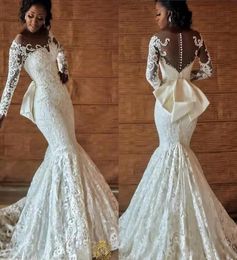 Nigeriaanse Afrikaanse volle kanten trouwjurken met rug boog beading lange mouwen 2019 ivory zeemeermin verloving bruidsjurken5168445