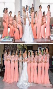 Nigeriaanse Afrikaanse plus -size bruidsmeisje jurken 2019 Coral half lange mouwen top Lace Sweep Train Maid of Honor Avond gelegenheid GOW3709852