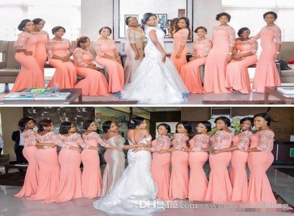 Vestidos de dama de honor africanos nigerianos de talla grande 2019 Coral Mangas medias largas Top de encaje Tren de barrido Dama de honor Ocasión de noche Gow2964076