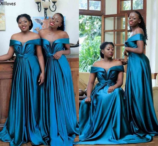 Nigeriano Africano Sexy Fuera del hombro Vestidos de dama de honor Largo Una línea Modesto Satén Vestidos de dama de honor Tallas grandes Hasta el suelo Invitado de boda Vestido de fiesta de graduación CL2756