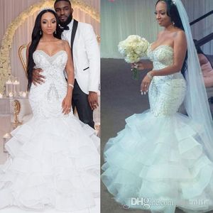 Nigérian africain sexy grande taille robes de mariée sirène chérie perles de cristal perlées robe de mariée à volants robes de mariée