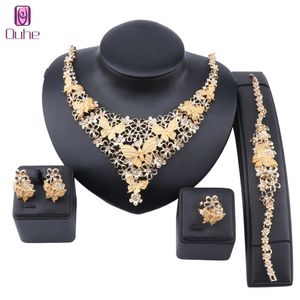 Nigeriaanse Kralen Bruiloft Sieraden Set Bruids Dubai Goud Kleur Vlinder Ketting Oorbel Ring Armband Sieraden Set