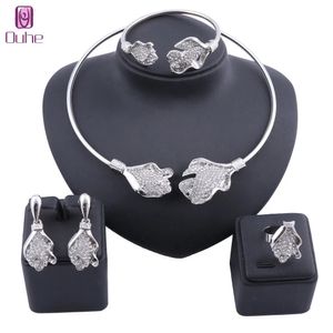 Nigeriaanse Bruids Kraal Sieraden Set Vrouwen Klant Dubai Gold Color Crystal Flower Necklace Earring Bangle Ring Sieraden Sets