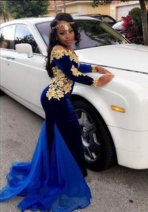 Nigeriaanse elegante avond formele jurken 2019 lange mouwen prom jurken elegante boot halslijn zeemeermin koningsblauw fluwelen met gouden kant