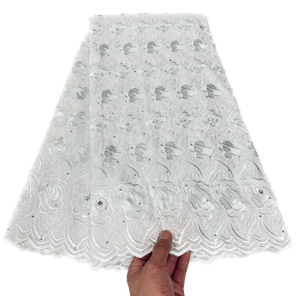 Nigérian Femme Robe Suisse Voile Dentelle Strass Tissu Sec Coton Tissu 5 Yards Couture Artisanat Fête De Mariage Floral Femmes Africaines Soirée Textile en Vente KY-3246