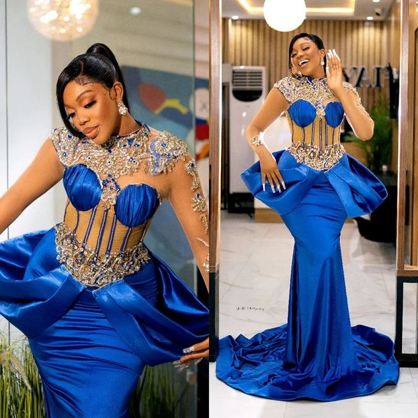 Estilos de encaje nigerianos Vestidos de fiesta Mangas largas Cuello alto Cristales con cuentas Sirena Lujoso vestido de noche de sirena azul real Vestidos africanos