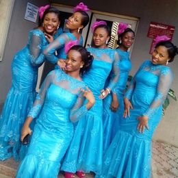 Robes de demoiselle d'honneur en dentelle bleue à manches longues nigérianes robe de soirée africaine sirène Bateau robes de soirée d'invité de mariage Applique sur mesure