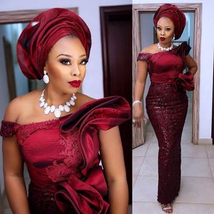 Nigeriaanse Galajurken Pailletten Elegante Volledige Mouw Bordeaux Avondfeest Jurken Ruche Applique Aso Ebi Avondjurk Peplum3072