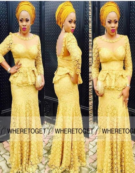 Styles nigérians Robes de soirée à cou jaune 2019 Nouveau 34 manches longues Sexy Back Peplum Vintage Lace Applique Longueur de plancher par5874468