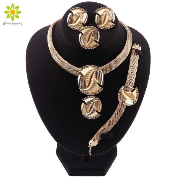 Conjunto de bisutería africana para boda nigeriana, collar de Color dorado de Dubái, pulsera, pendiente, anillo para mujer, conjuntos de joyería de fiesta H1022