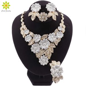 Mariage nigérian mariée couleur or africain en forme de fleur ensemble de bijoux collier en cristal de Dubaï Bracelet boucles d'oreilles ensemble de bagues pour femmes H1022