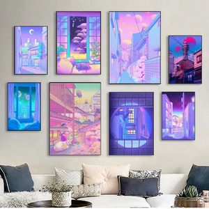 Night City Pop Kyoto Canvas Paint affiche City Street Midnight Matsuri Pink Painting Wall Art Home Kawaii Room Decor Toile Affiche