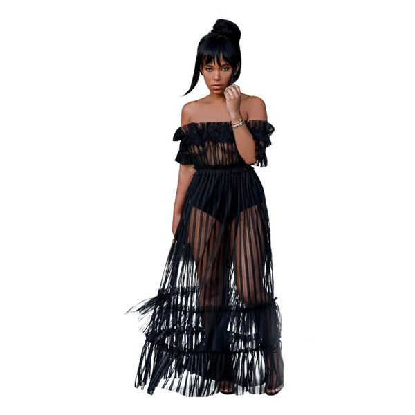 Night Clubwear Sexy Mince Longue Robe En Tulle Voir À Travers La Maille Épaule Nue Perspective Femme Transparent Maxi Robes Noir Blanc 210416